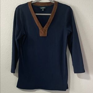 Lauren Ralph Lauren Blue Top with Brown Faux Suede Trimmed V-Neck Size Large